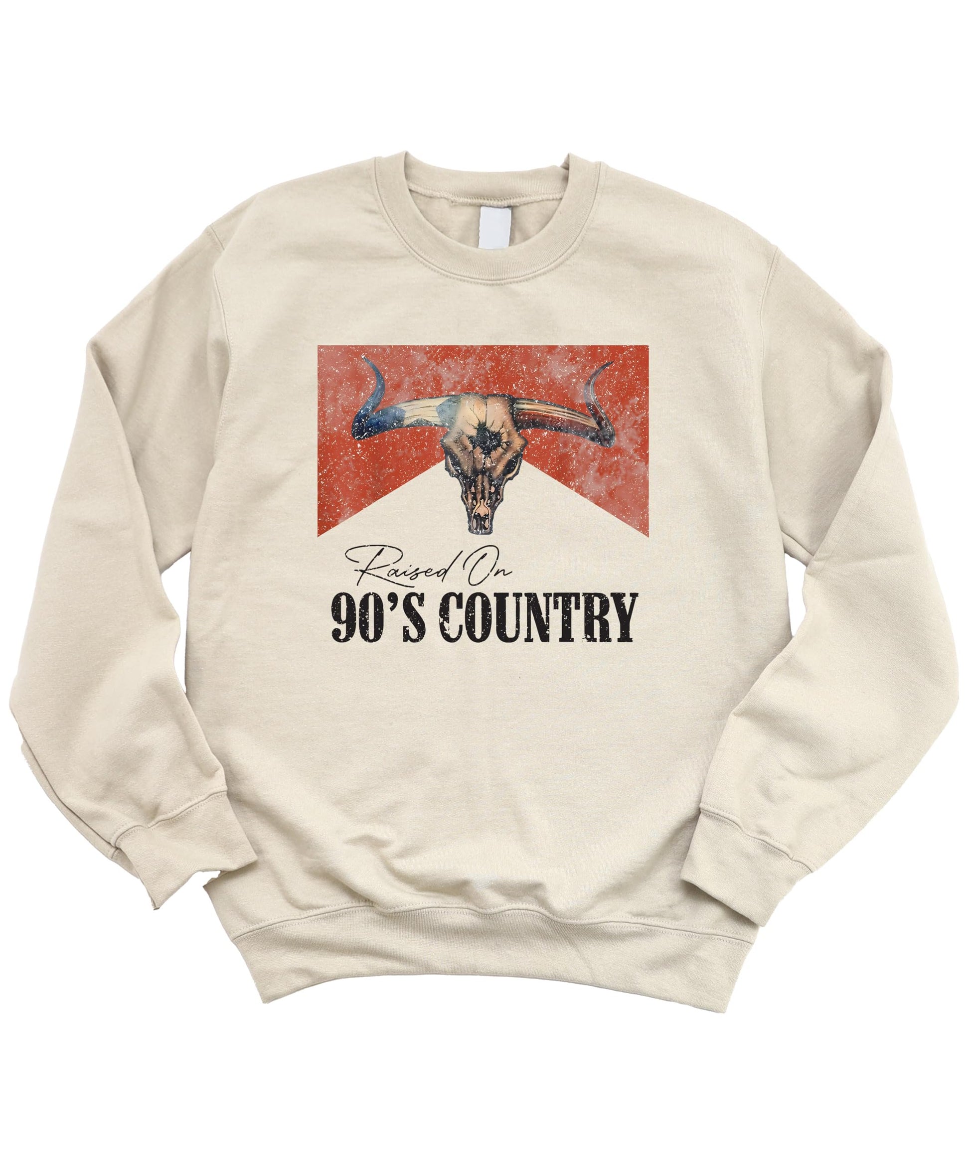 Close-up of distressed longhorn skull graphic with Raised On 90s Country text on white sweatshirt