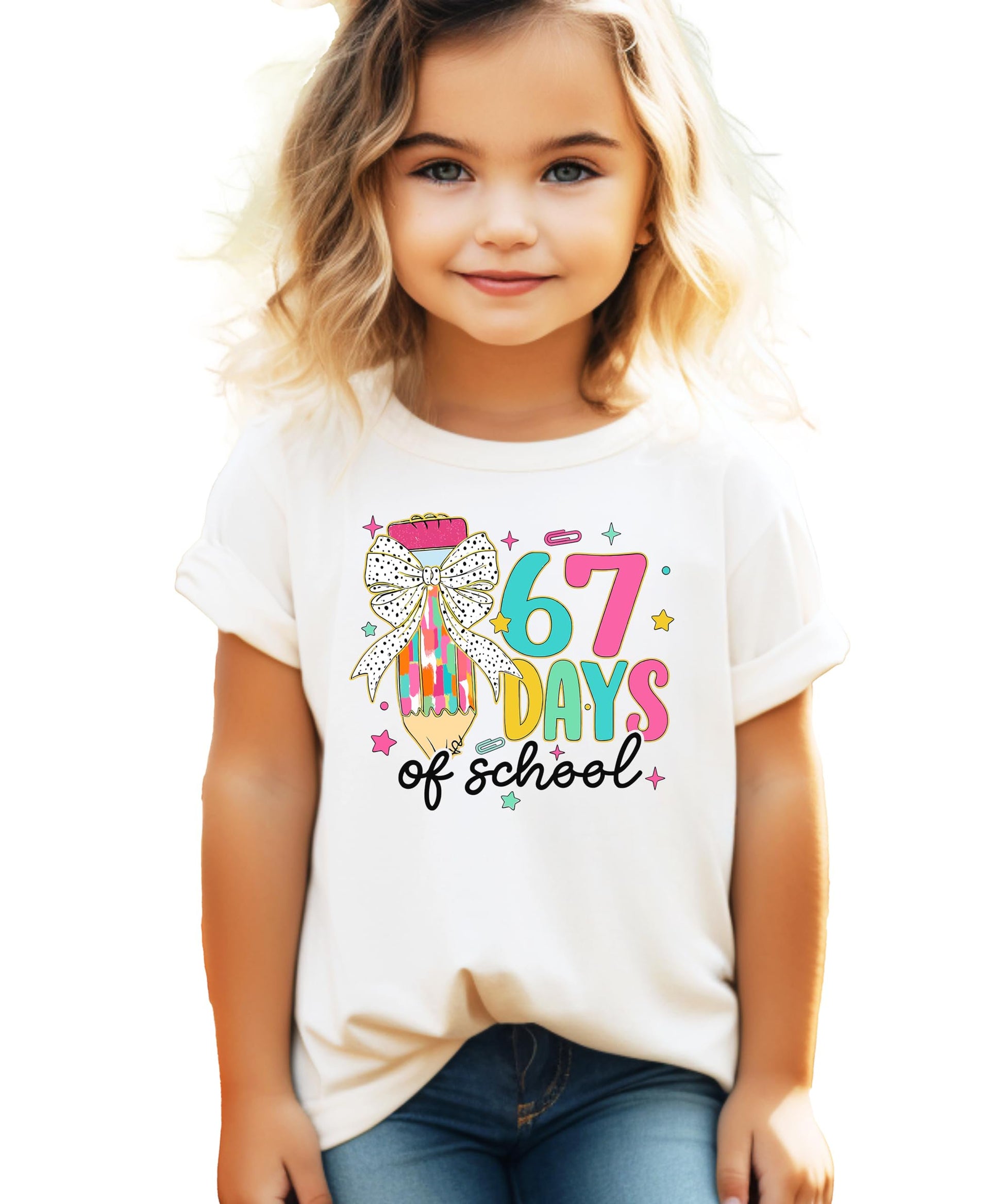 Front view of funny 67 Days of School girls' t-shirt with colorful pencil and coquette bow graphic