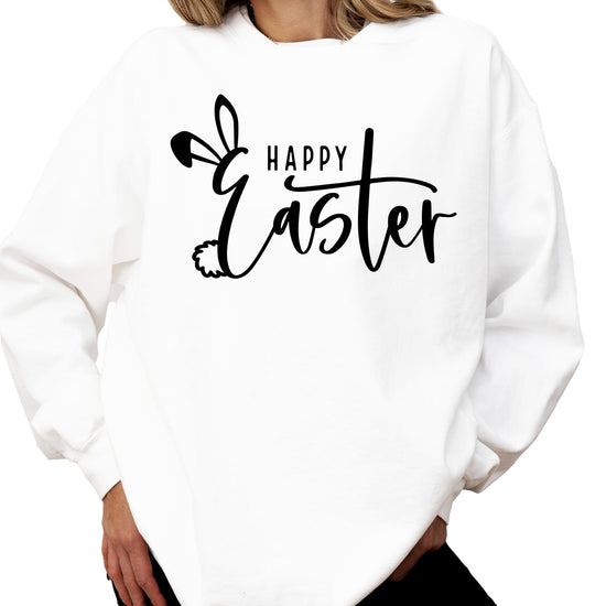 Close-up of Easter Vibes bunny graphic print on a white women's pullover sweatshirt