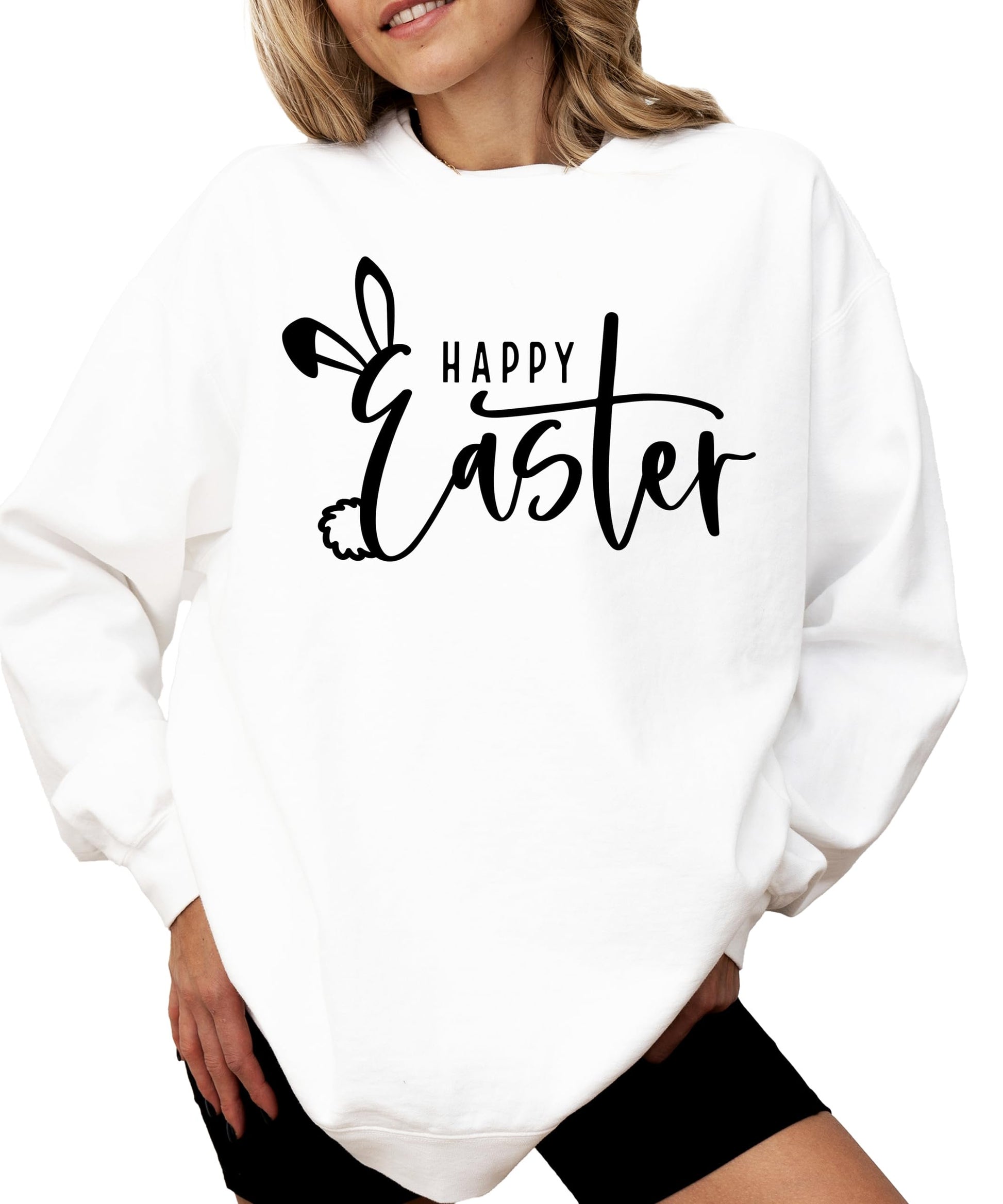 Close-up of Easter Vibes bunny graphic print on a white women's pullover sweatshirt