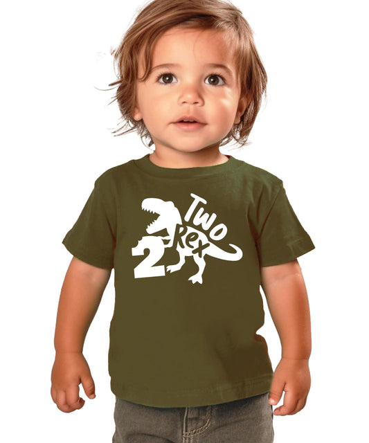 Front view of Two Rex toddler birthday tee with bold T-Rex graphic and number 2