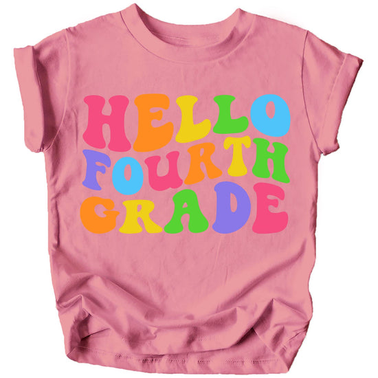 Pink youth Hello 4th Grade shirt displayed front view, first day of school graphic tee