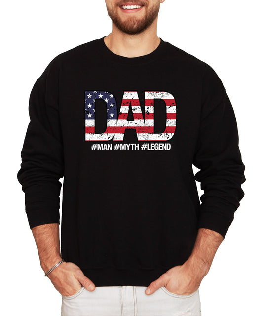 Front view of patriotic Dad Man Myth Legend sweatshirt in gray with USA flag graphic