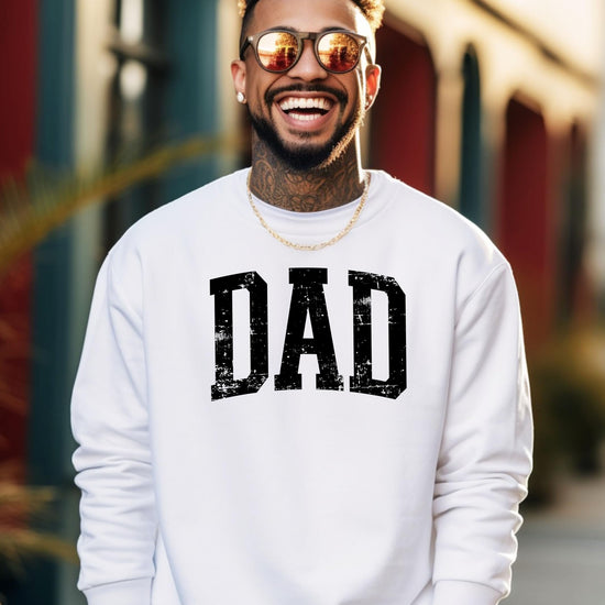 Detail shot of distressed lettering on Olive Loves Apple men's dad crewneck sweatshirt