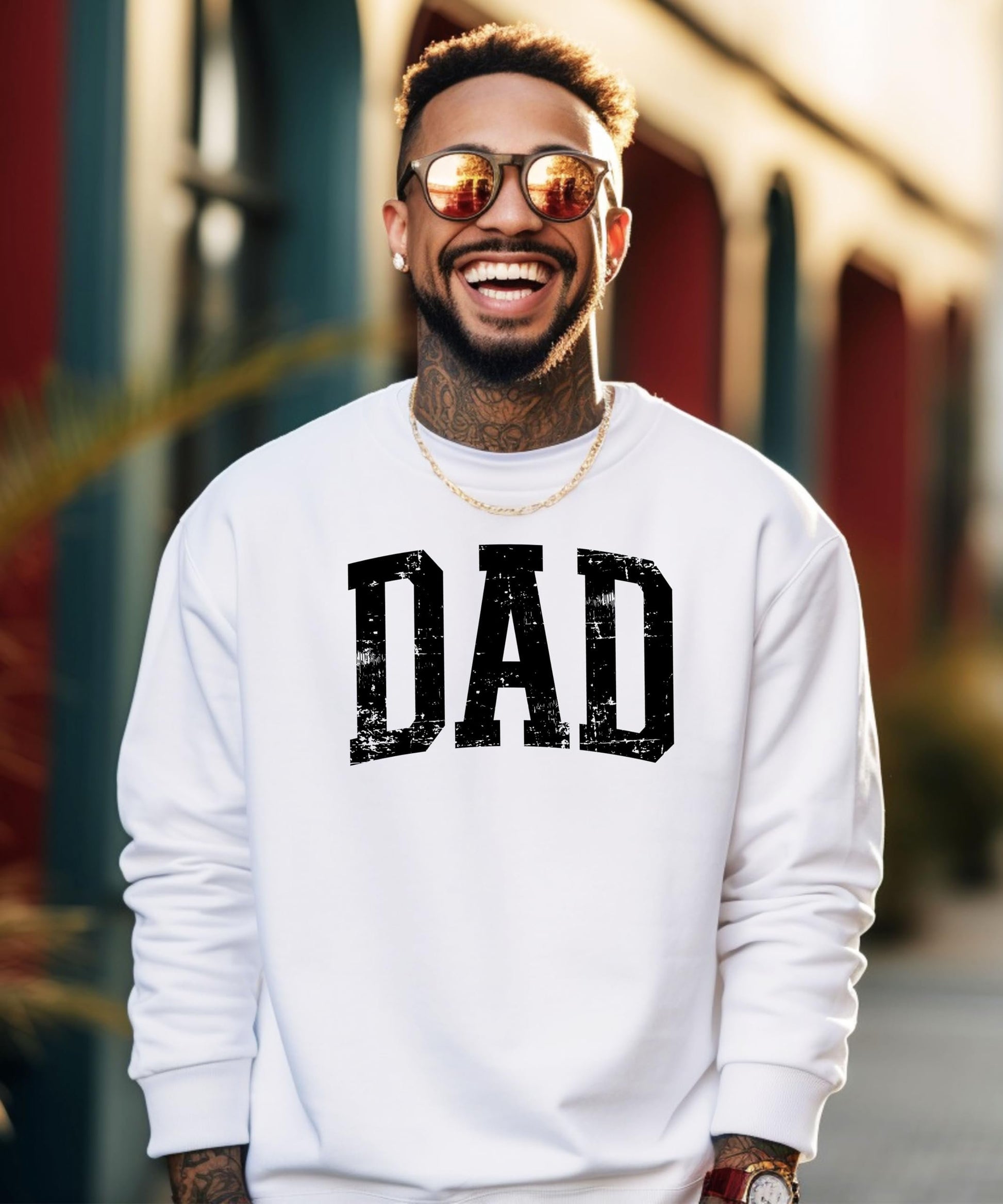 Detail shot of distressed lettering on Olive Loves Apple men's dad crewneck sweatshirt