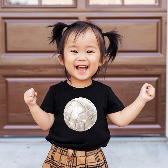 Youth volleyball fan graphic tee with sparkle glitter effect print