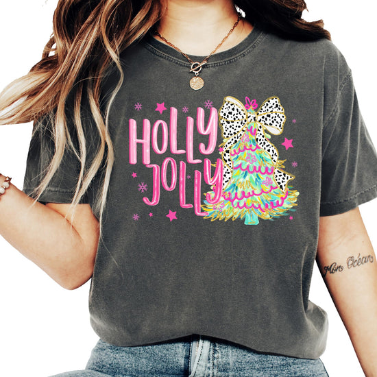 Holly Jolly women's Christmas tee styled for a festive holiday look in seafoam green