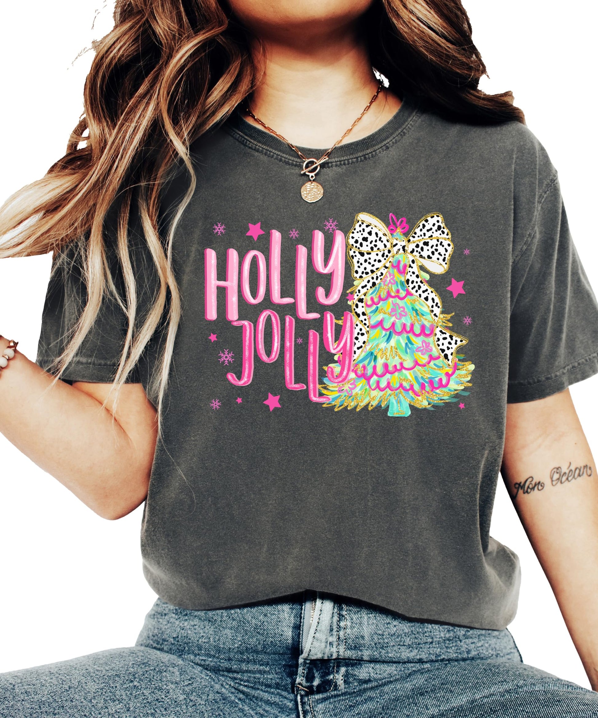 Holly Jolly women's Christmas tee styled for a festive holiday look in seafoam green