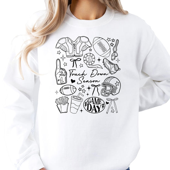 Full front view of Touch Down Season football sweatshirt displaying complete graphic design