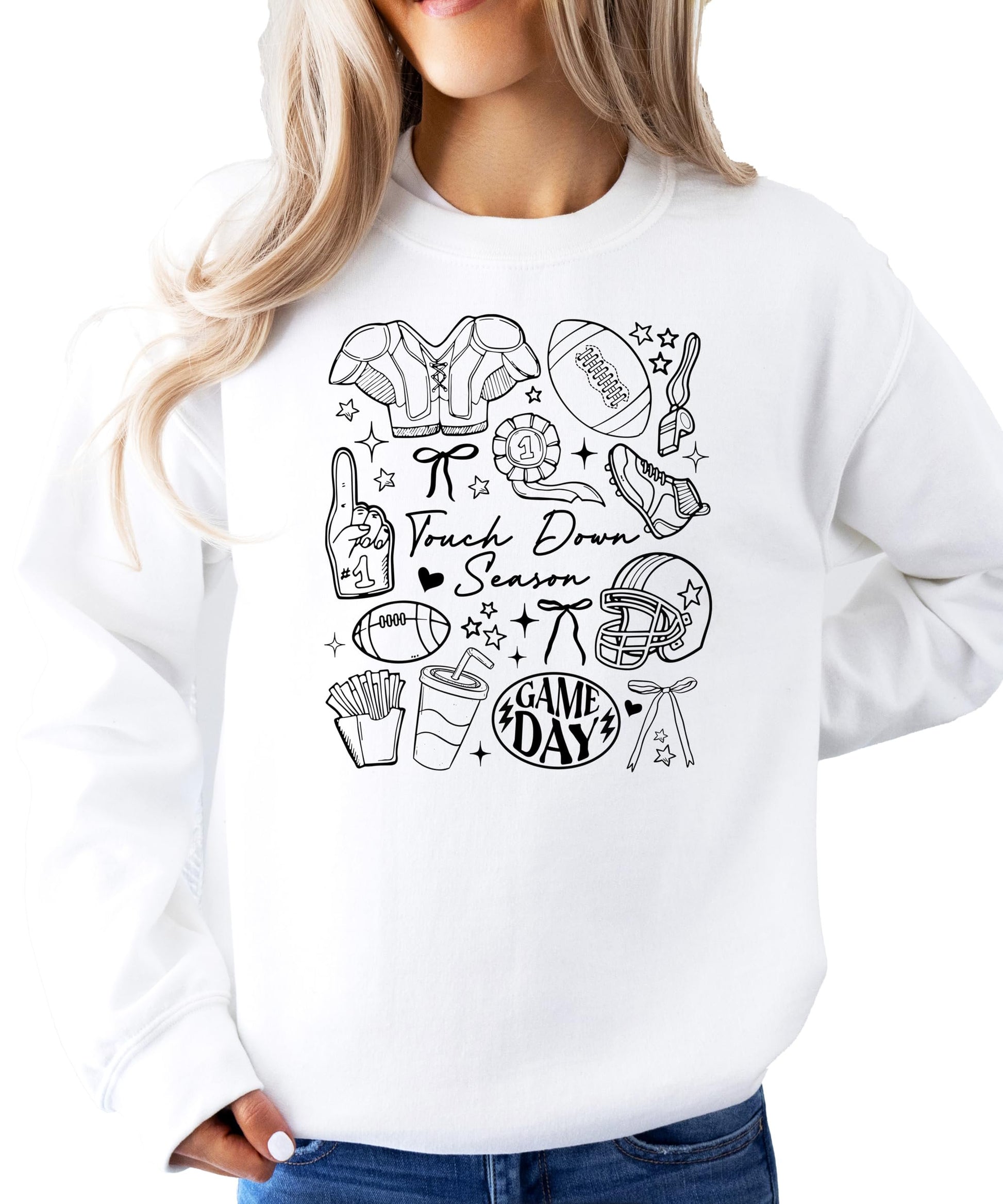 Full front view of Touch Down Season football sweatshirt displaying complete graphic design