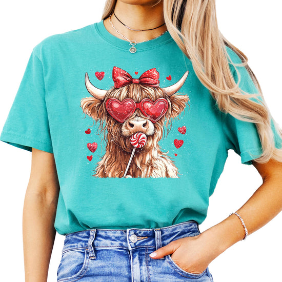 Highland Cow Valentine's tee styled for casual Valentine's Day outfit