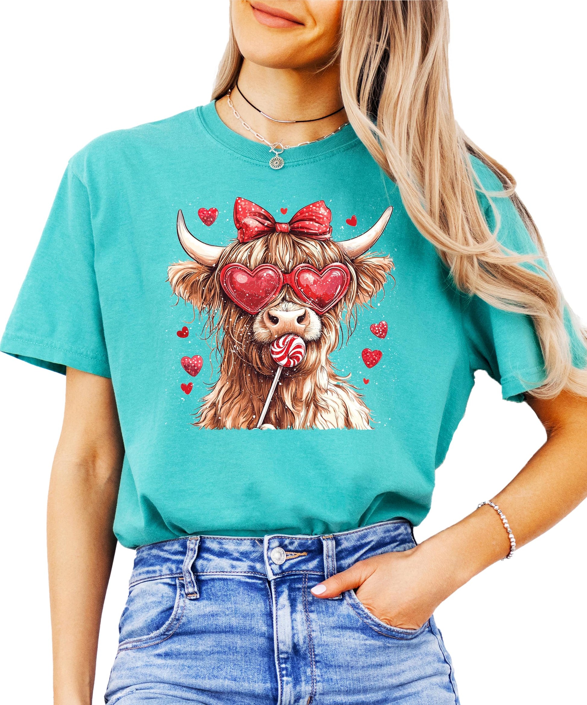 Highland Cow Valentine's tee styled for casual Valentine's Day outfit