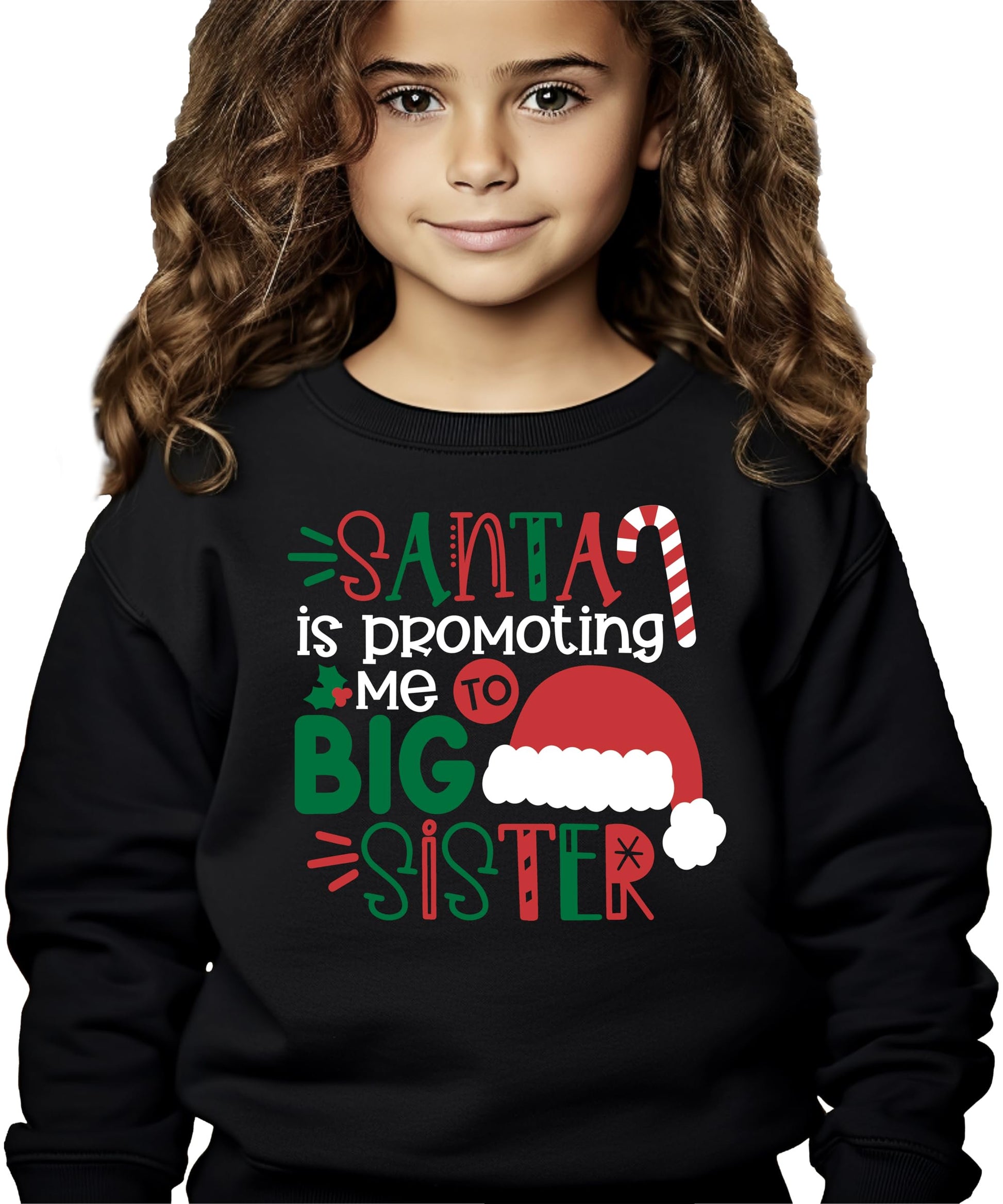 Detail shot of soft heather sweatshirt fabric with bold 'Promoted to Big Sister' Christmas graphic