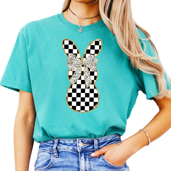 Close-up of checkered rabbit print design on women's t-shirt