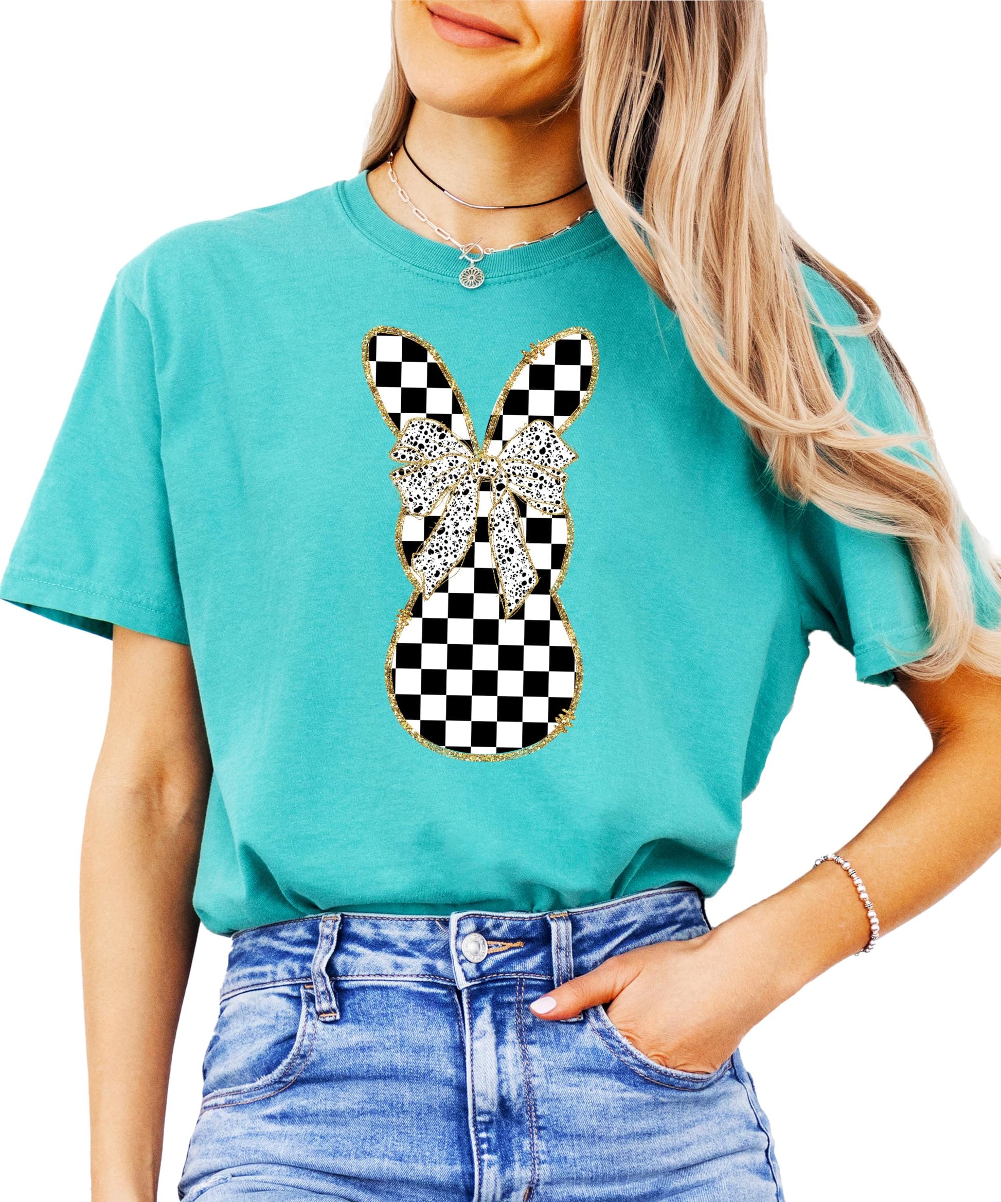 Close-up of checkered rabbit print design on women's t-shirt