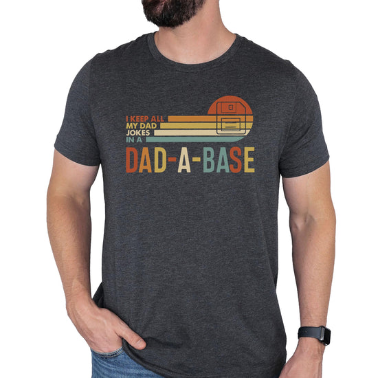 Model wearing heather blue Dad-A-Base dad jokes t-shirt front view