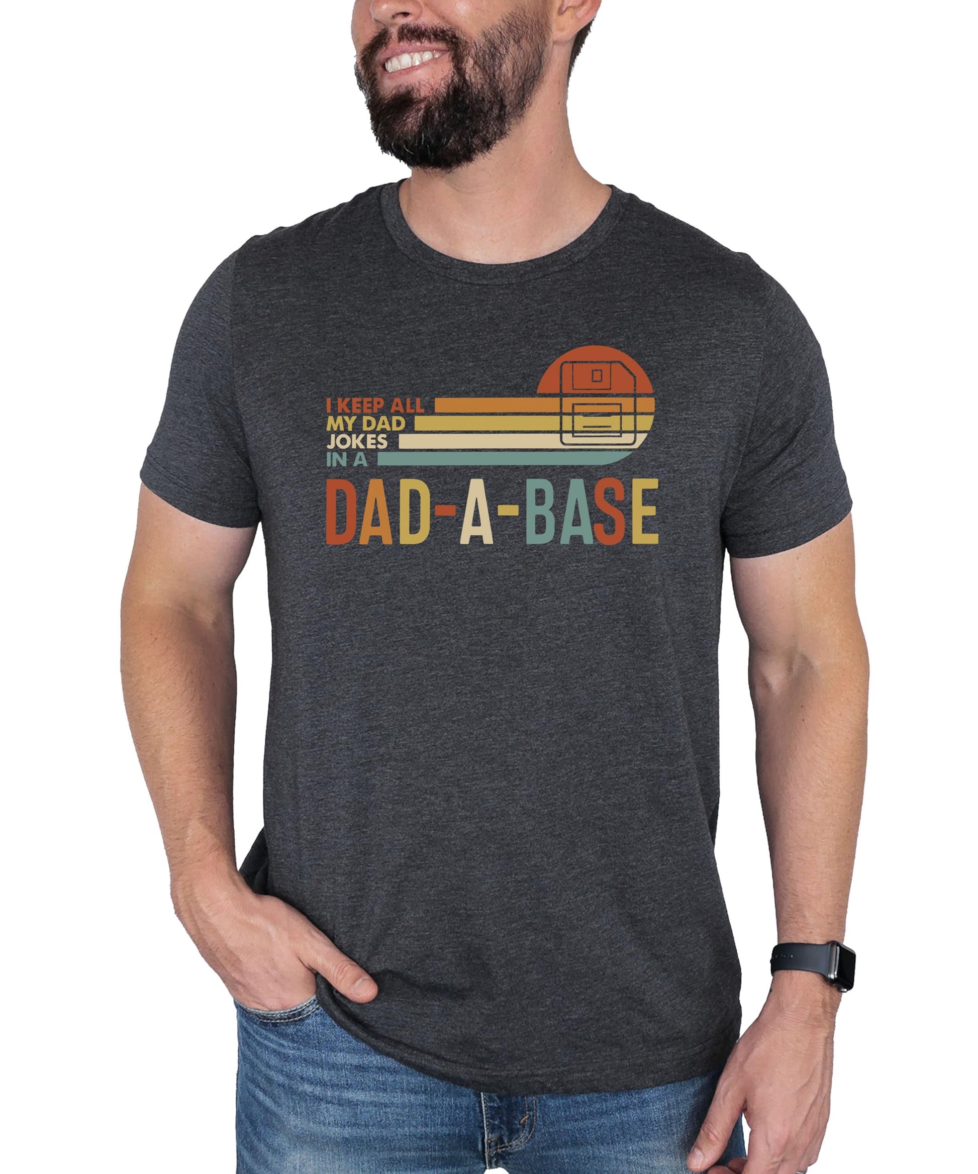 Model wearing heather blue Dad-A-Base dad jokes t-shirt front view