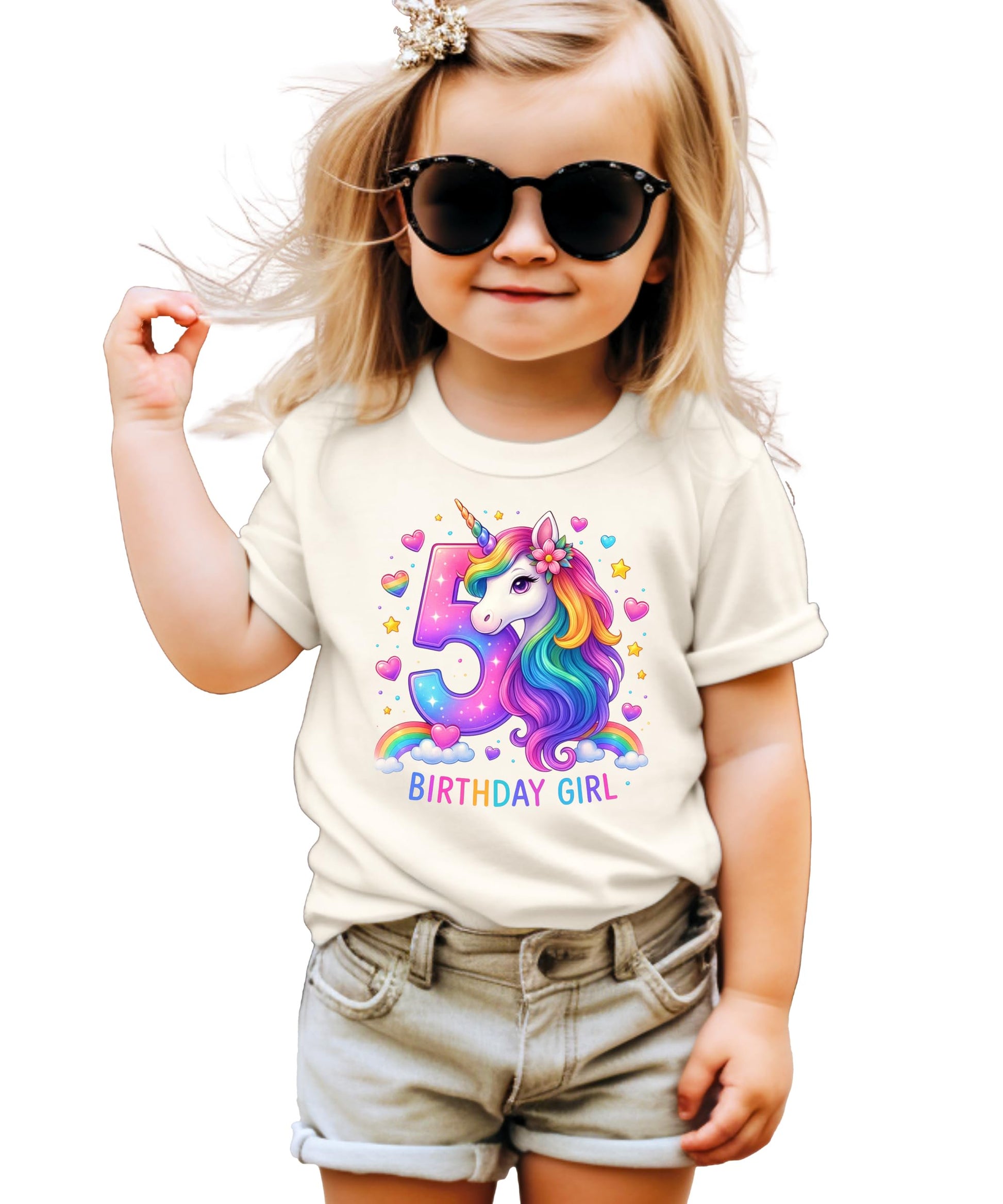 Pink 5th birthday unicorn shirt for girls shown from back or alternate angle