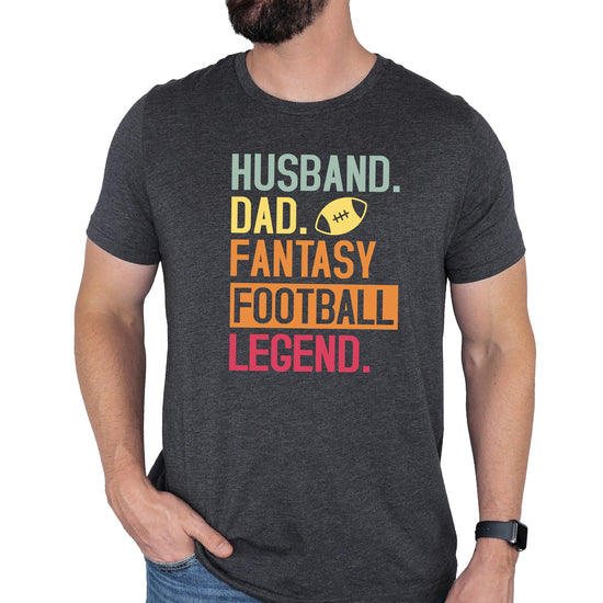Close-up of Husband Dad Fantasy Football Legend graphic print on black tee
