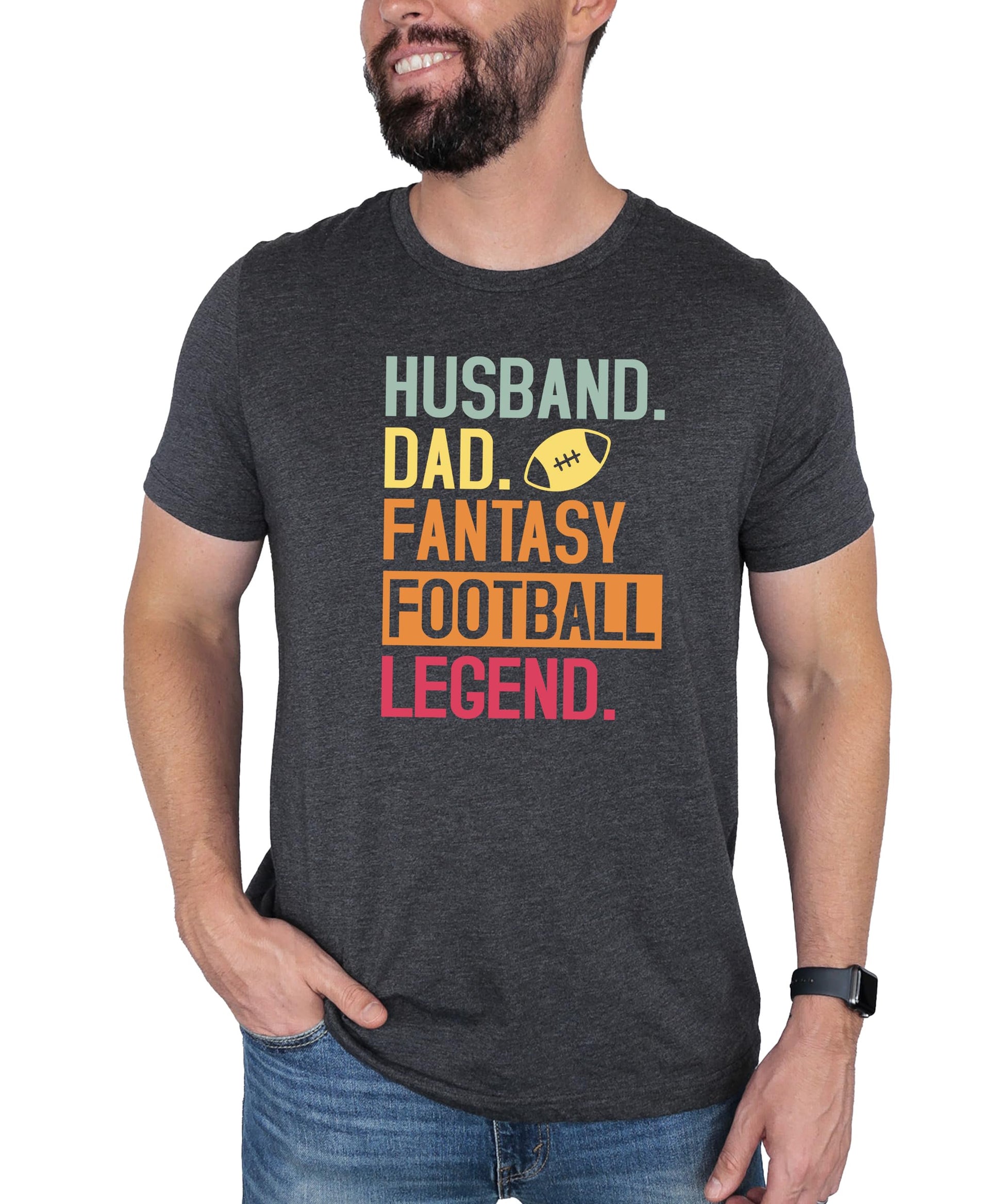 Close-up of Husband Dad Fantasy Football Legend graphic print on black tee