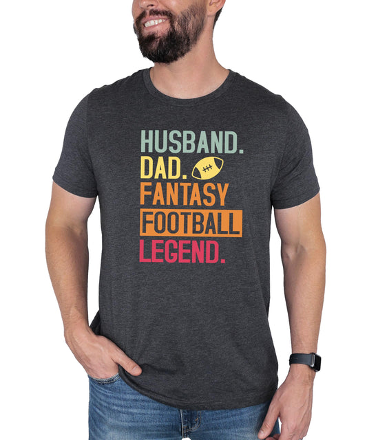 Close-up of Husband Dad Fantasy Football Legend graphic print on black tee