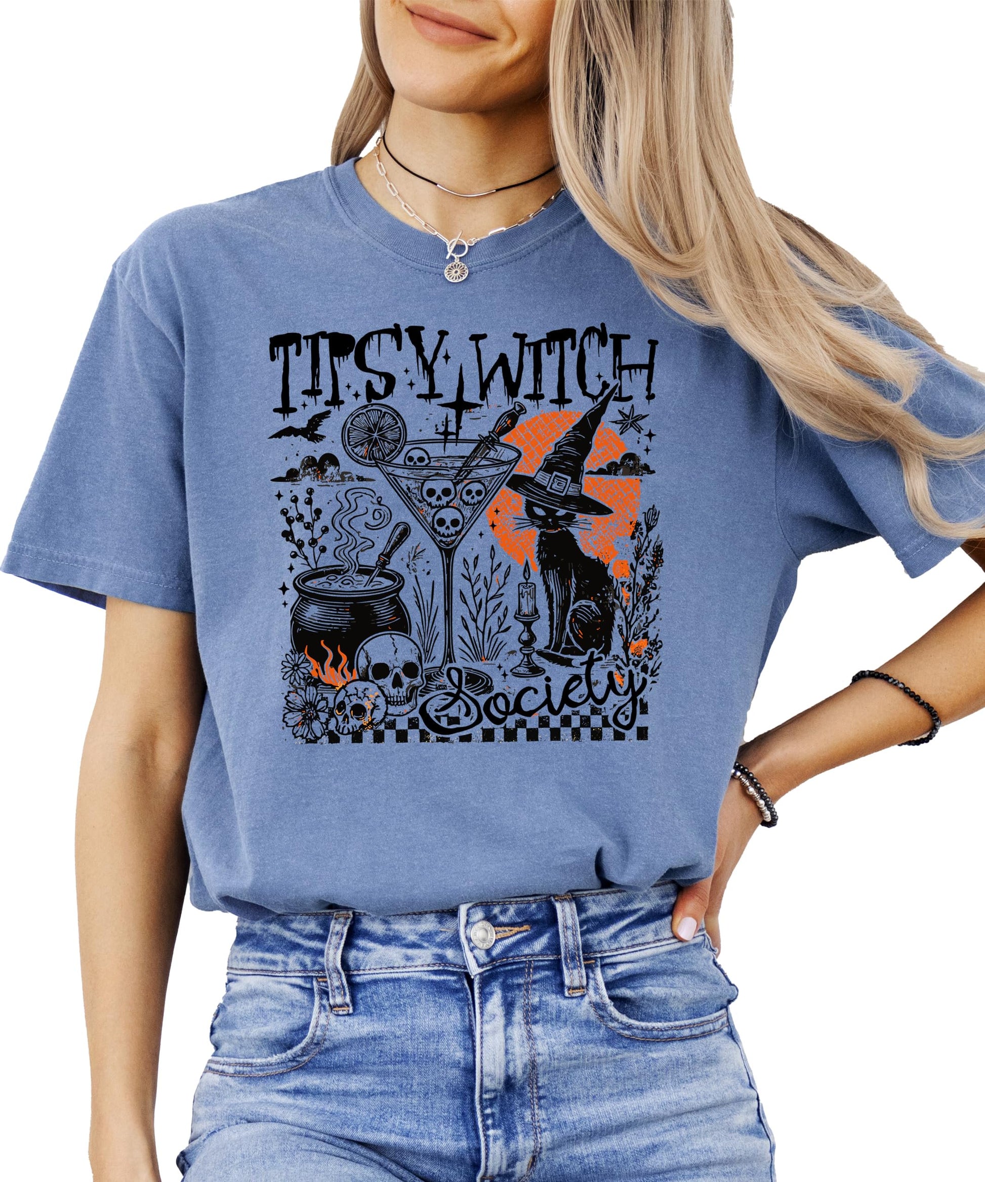 Front view of Tipsy Witch Society black Halloween graphic t-shirt with witchy cat and cocktail illustration