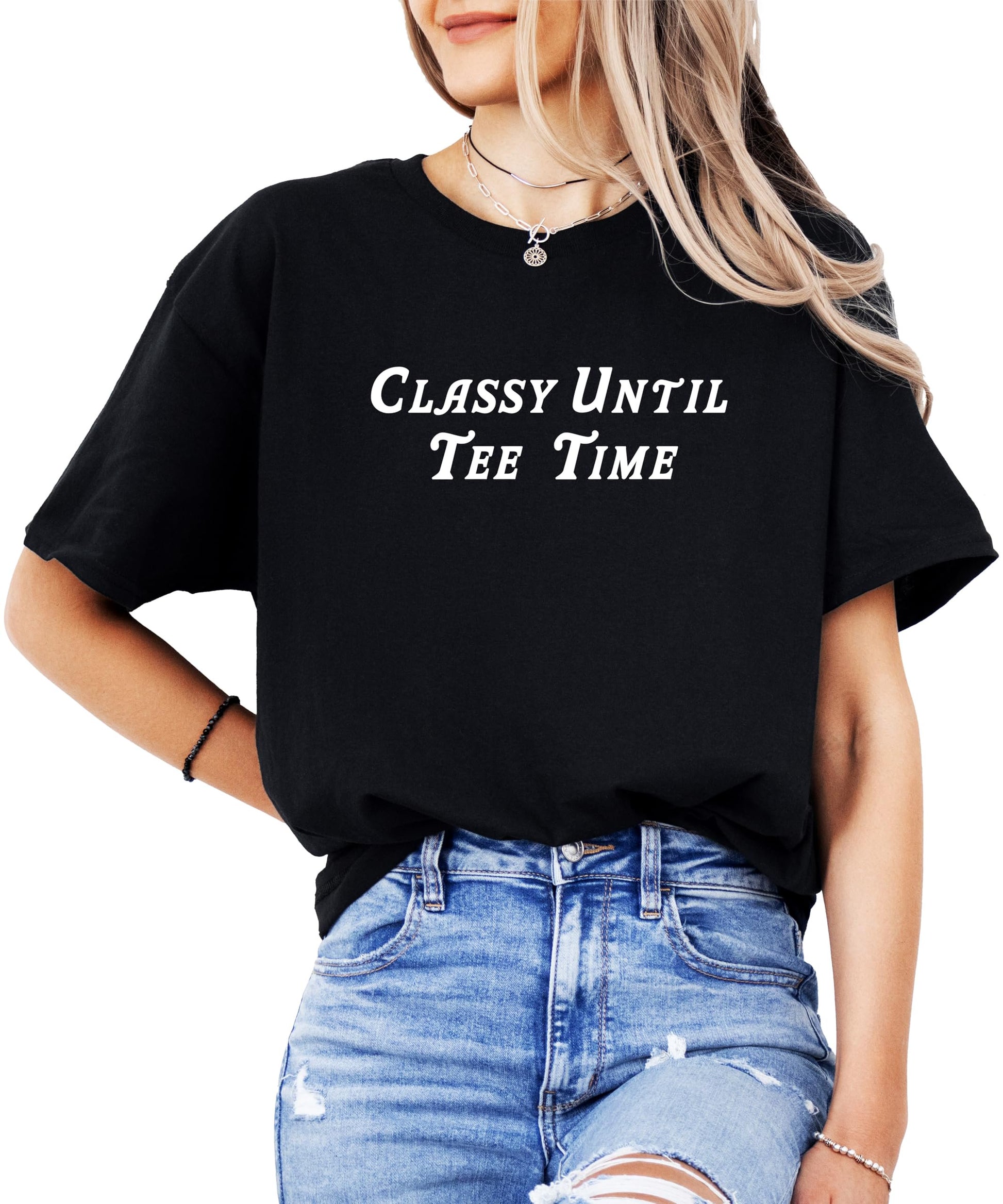 Back or alternate view of Classy Until Tee Time funny women's golf tee in vintage green