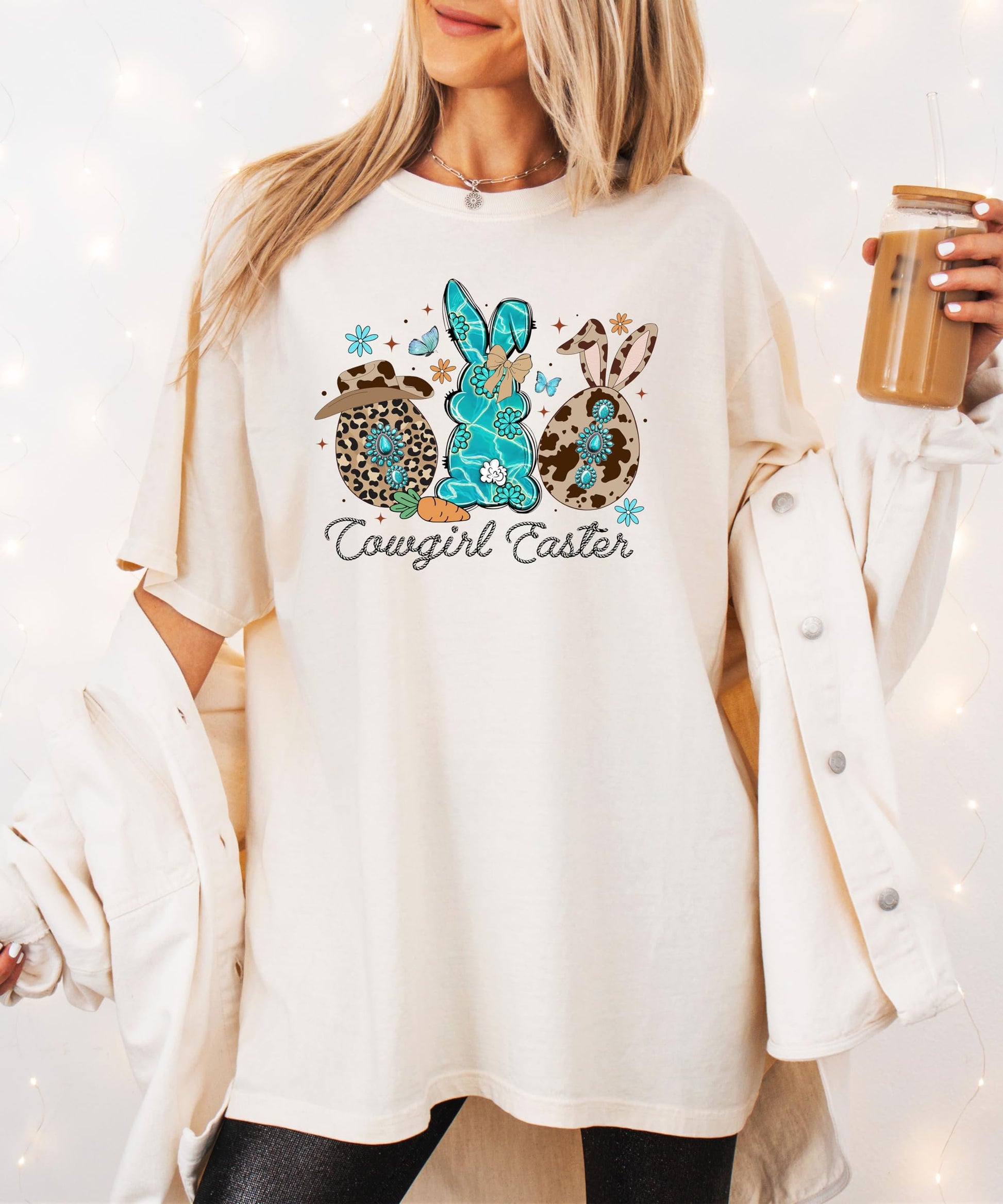 Detail shot of cowgirl Easter bunnies shirt showing print quality and fabric texture on dark brown tee