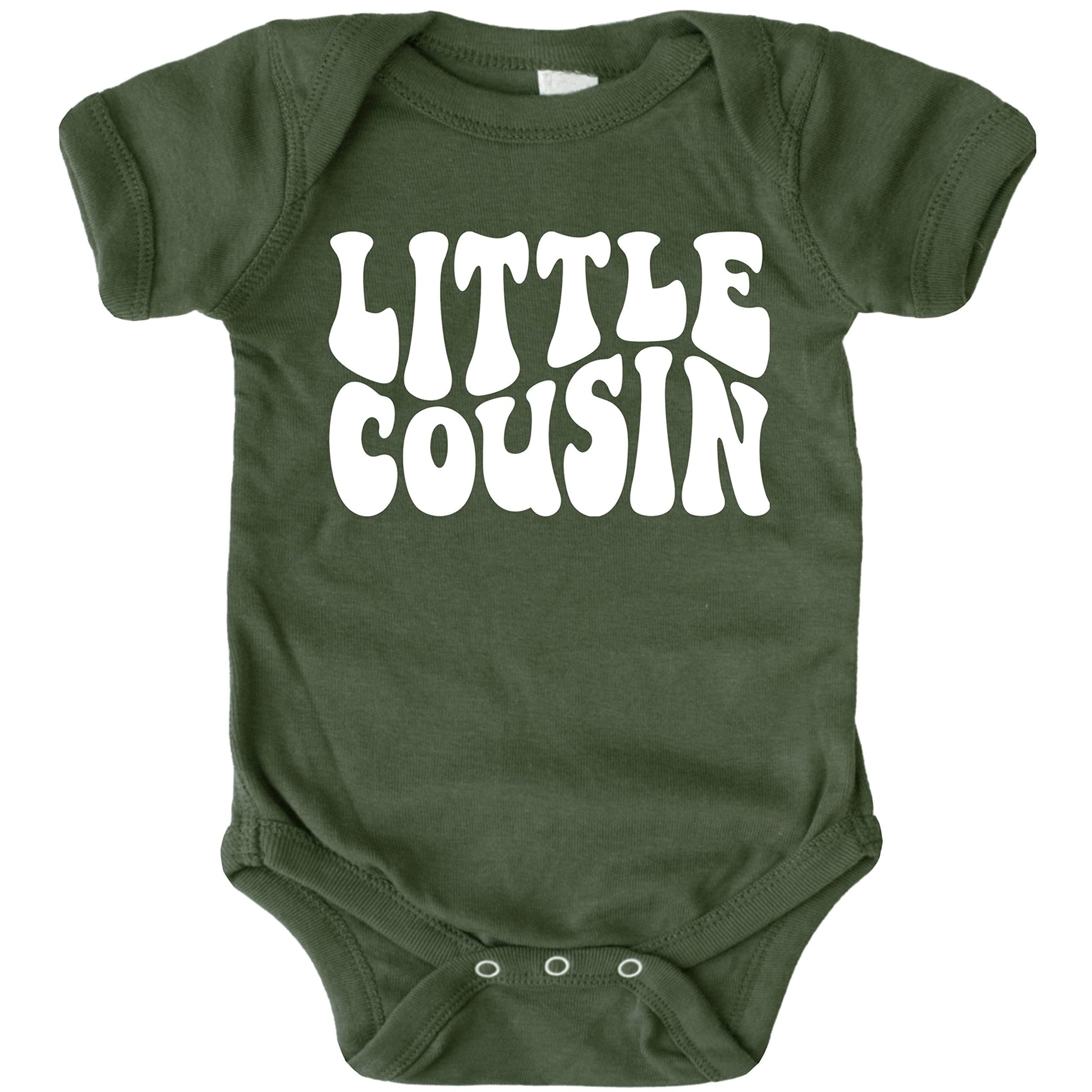 Little Cousin bodysuit flat lay showing size and fit details