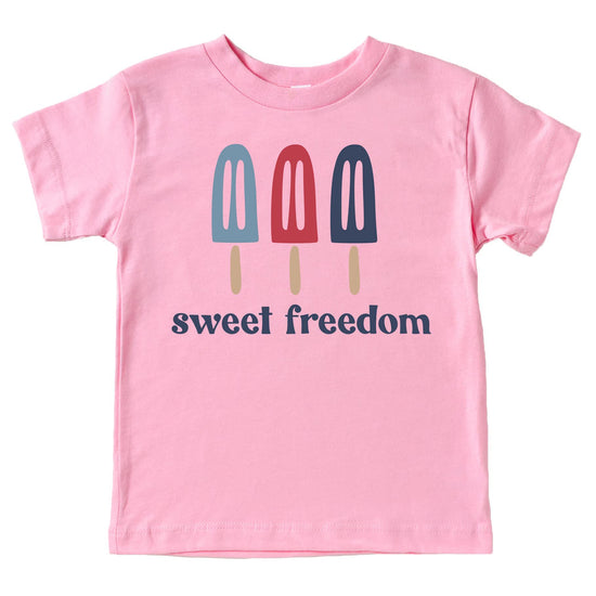 Sweet Freedom Popsicle graphic tee in pink with patriotic red white blue popsicle design