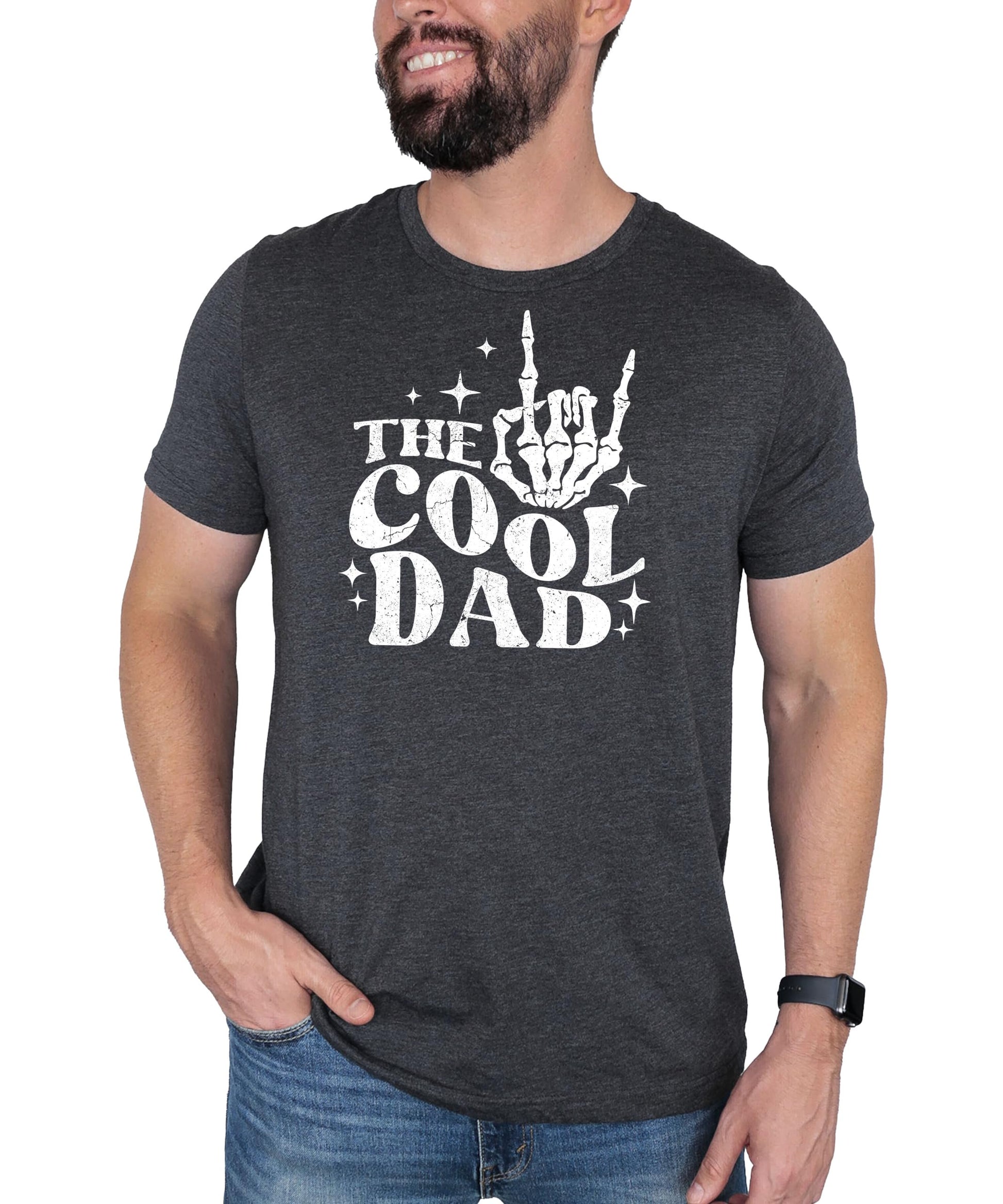 Front view of cool dad skeleton hand rock graphic t-shirt in black on male model