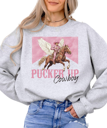 Pucker Up Cowboy Trendy Valentines Sweatshirt for Women Gray Sweatshirt Adult Small