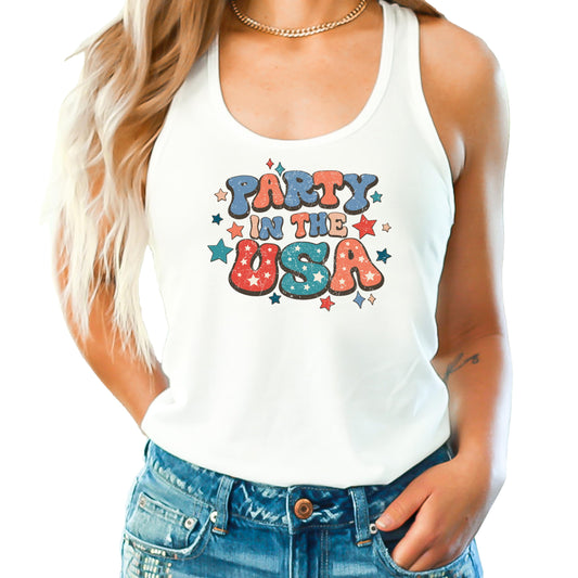 Retro Party in The USA 4th of July Racerback Tank Top for Women and Teens