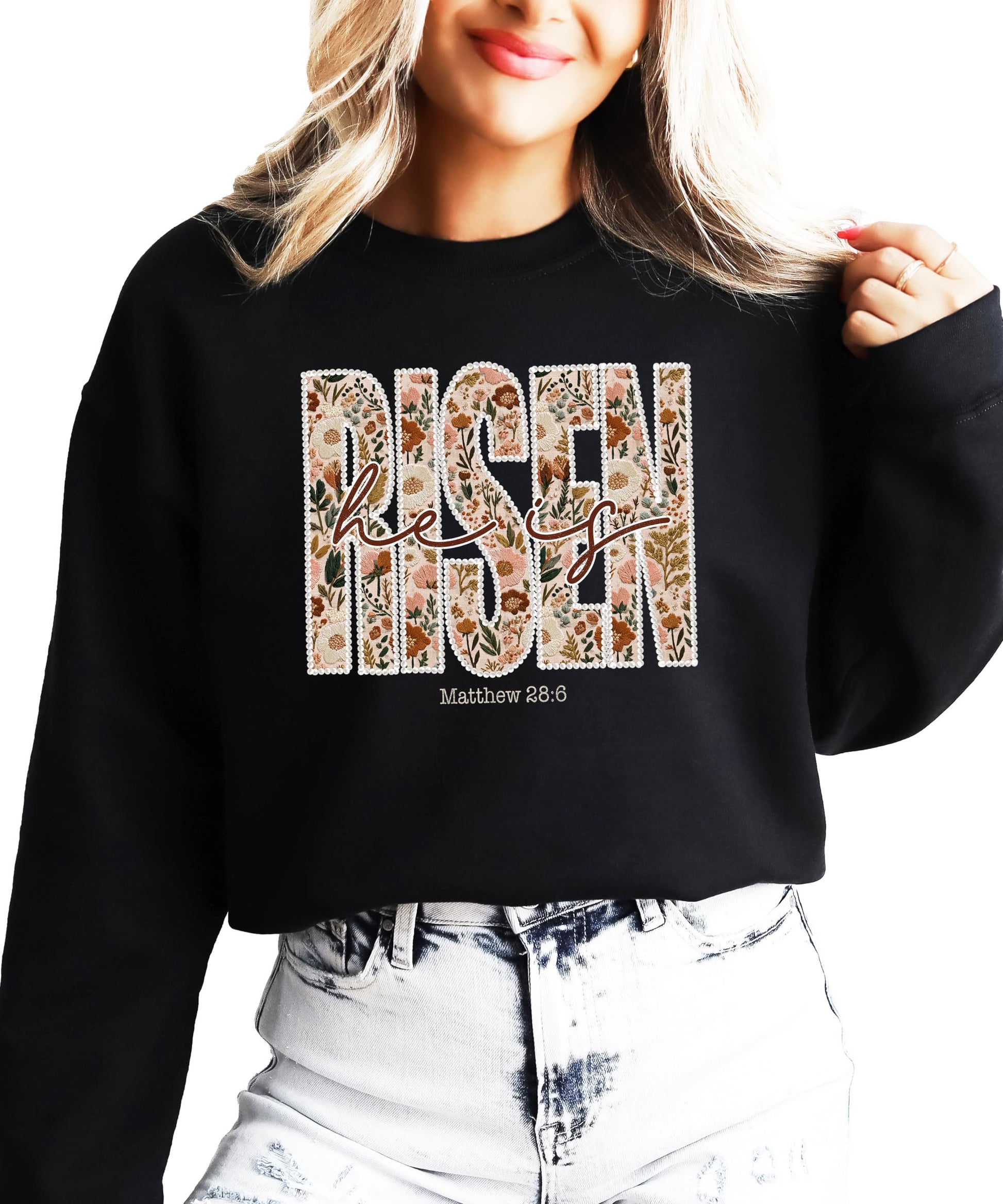 Front view of floral He Is Risen Christian pullover sweatshirt for women in army green