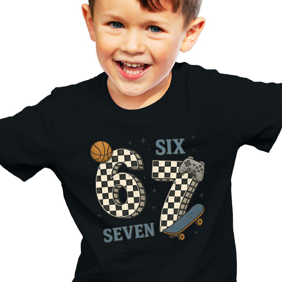 Flat lay of youth natural graphic tee with 6 7 checkered basketball skateboard gaming design