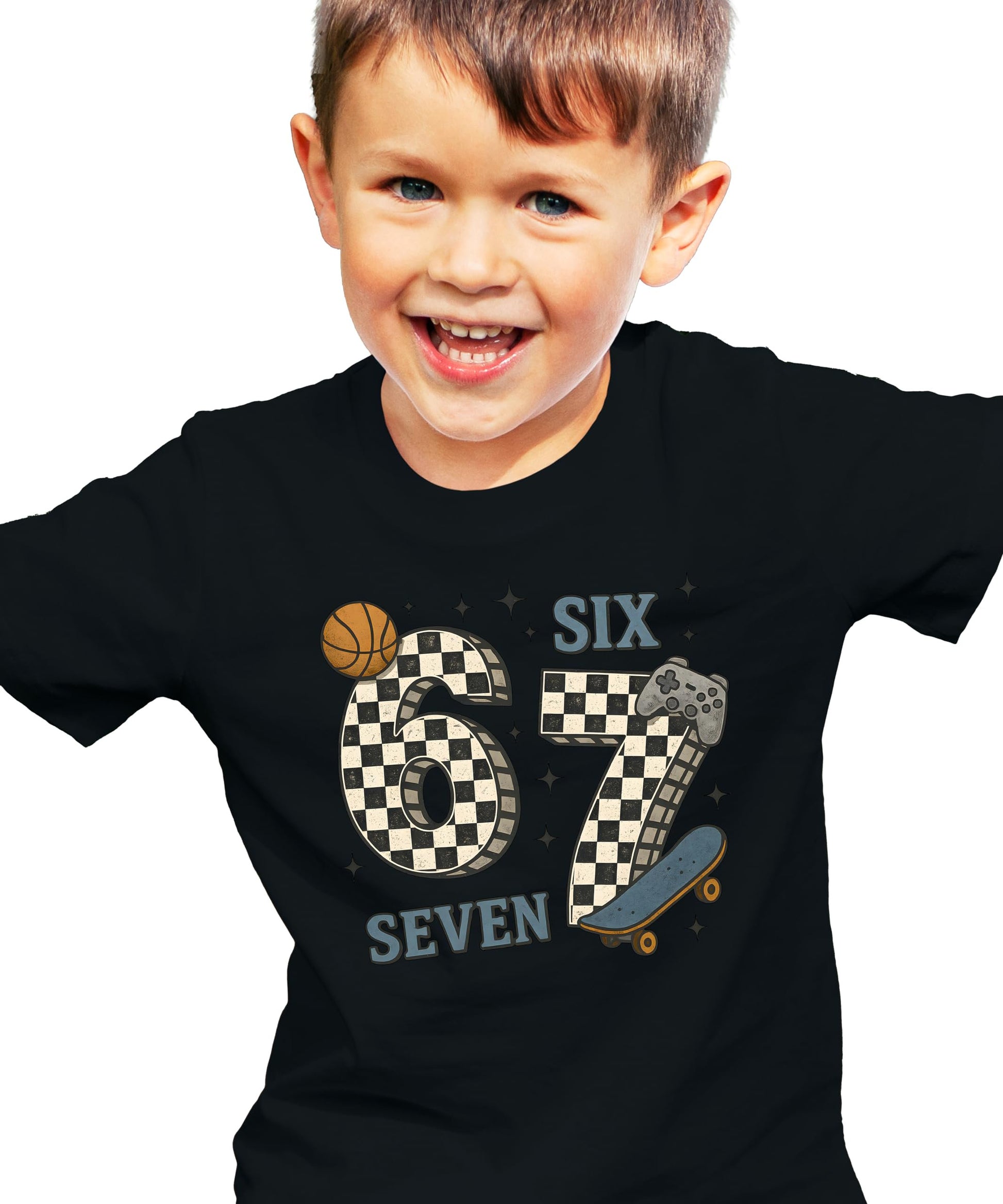 Flat lay of youth natural graphic tee with 6 7 checkered basketball skateboard gaming design