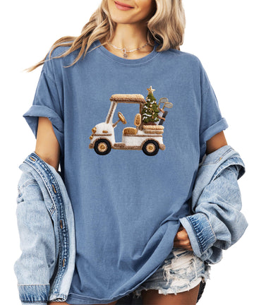 Women's Christmas golf cart graphic tee with festive ink-printed holiday cart and Christmas tree design