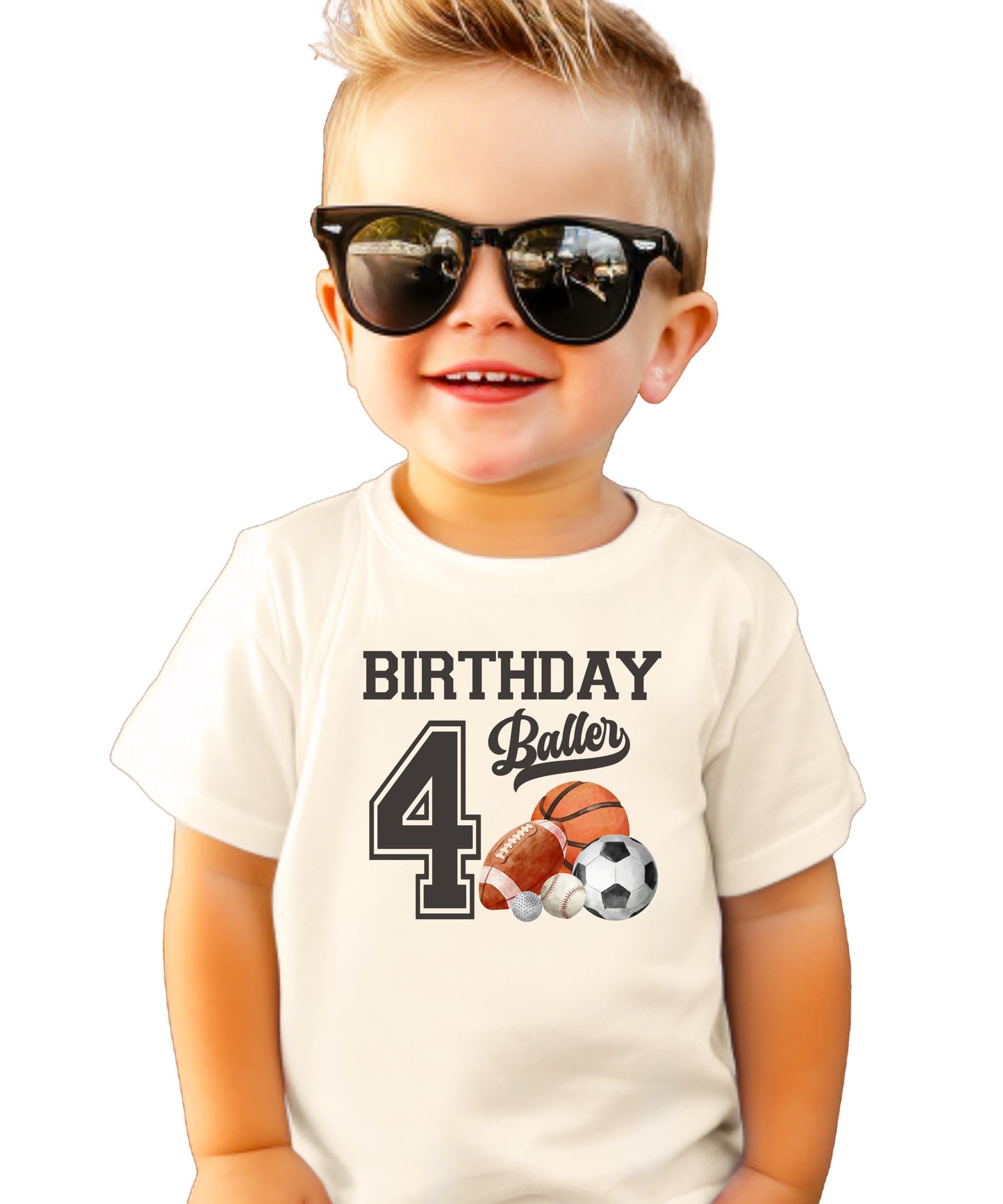 Flat lay of boys birthday baller t-shirt showing full graphic design and heather fabric texture
