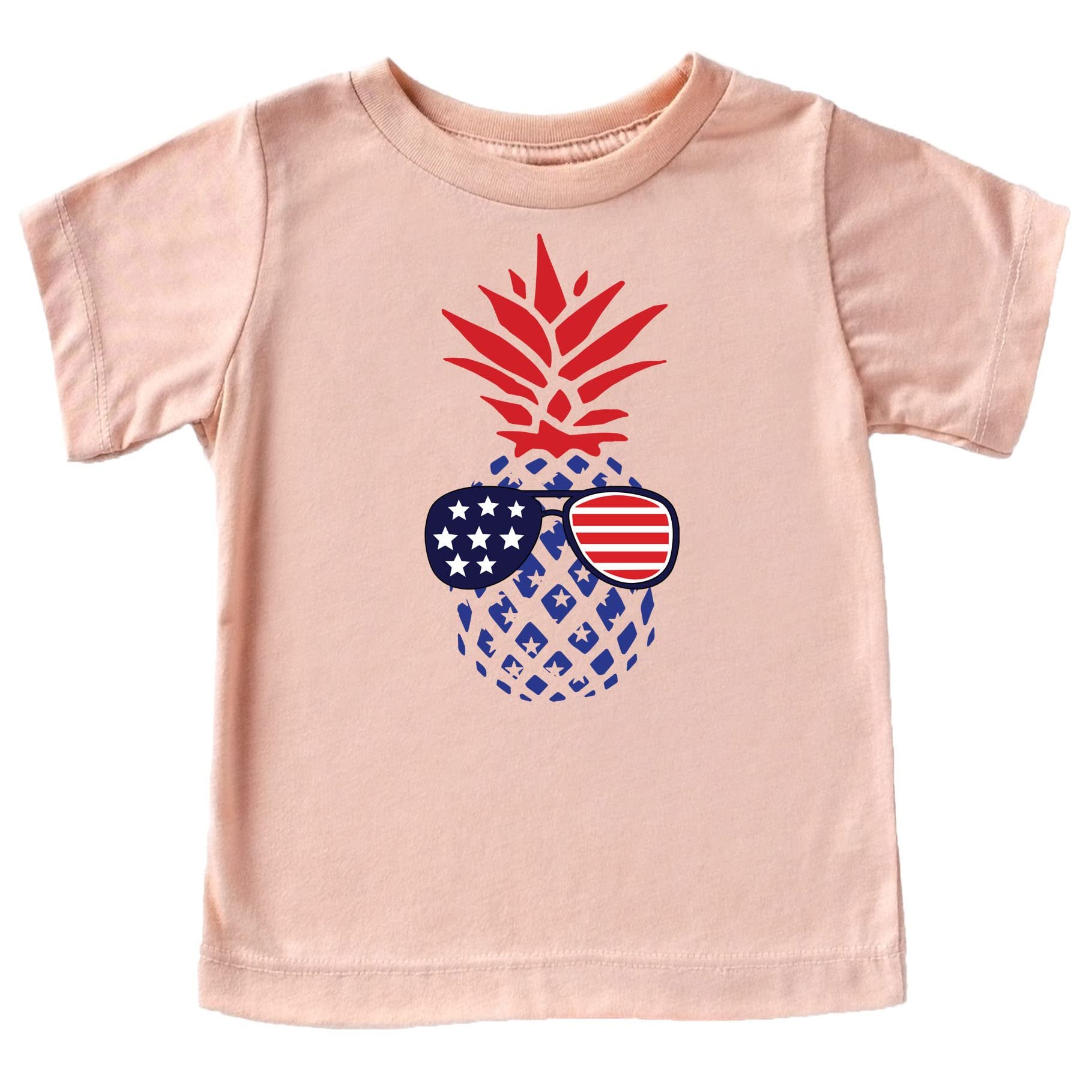 Family matching 4th of July shirts with pine and American flag sunglasses design laid flat