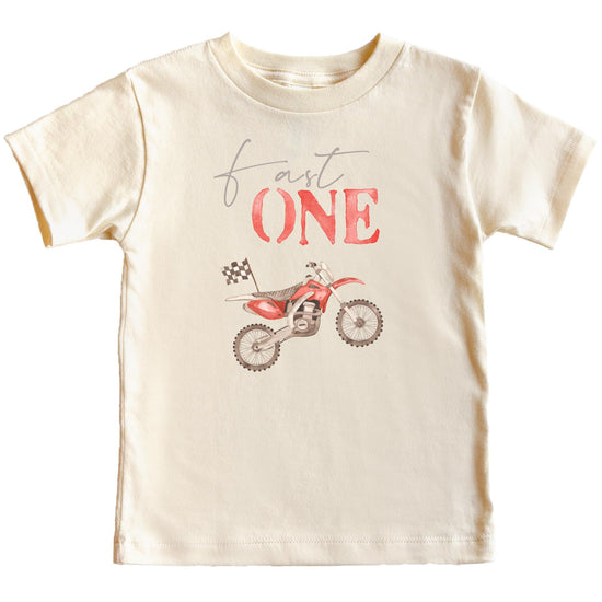 Boys Fast One red dirt bike 1st birthday shirt with checkered flag graphic on natural tee