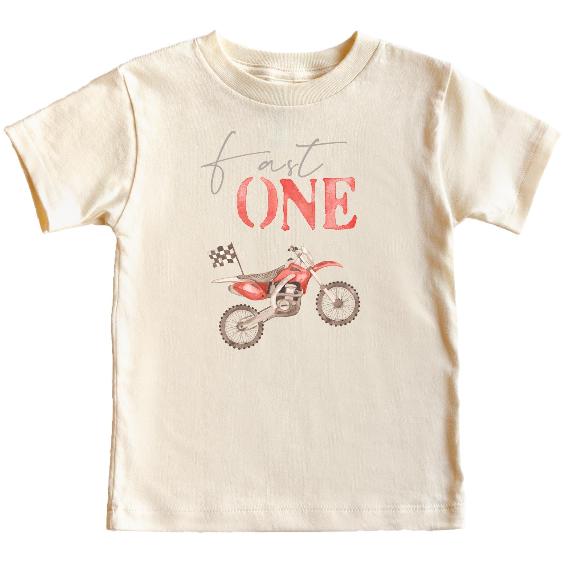 Boys Fast One red dirt bike 1st birthday shirt with checkered flag graphic on natural tee