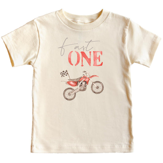Boys Fast One red dirt bike 1st birthday shirt with checkered flag graphic on natural tee