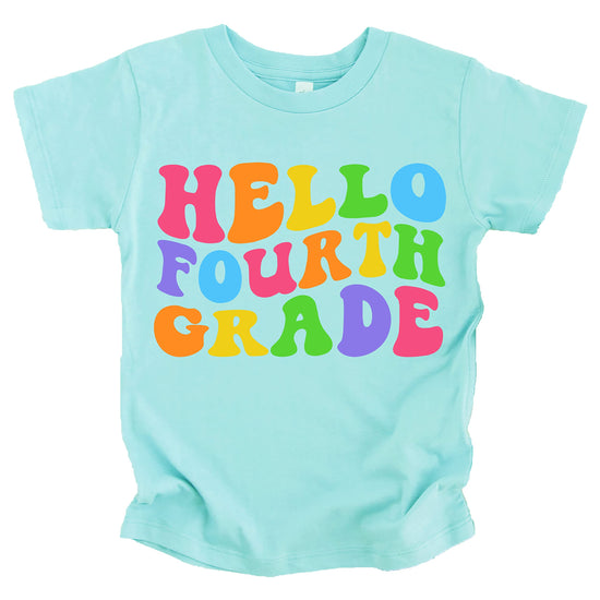Close-up of wavy Hello 4th Grade graphic print on soft pink kids tee