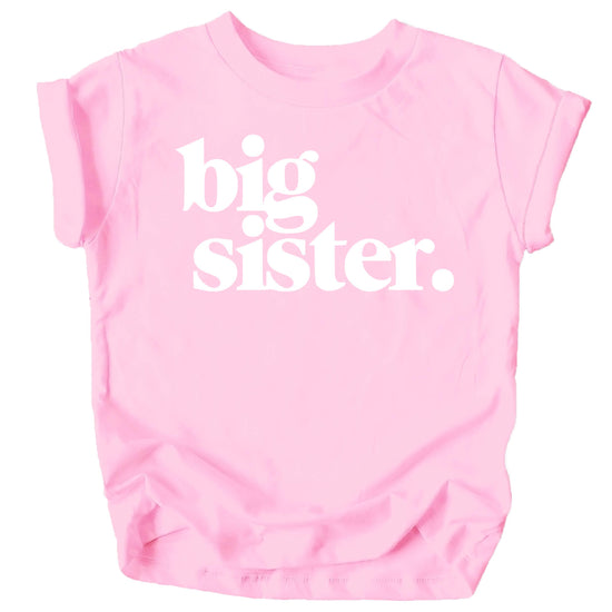 Flat lay of purple youth Big Sister shirt showing full design