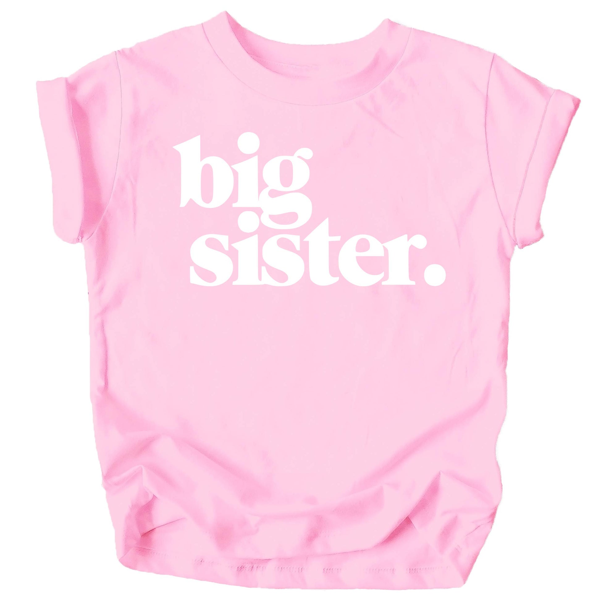 Flat lay of purple youth Big Sister shirt showing full design
