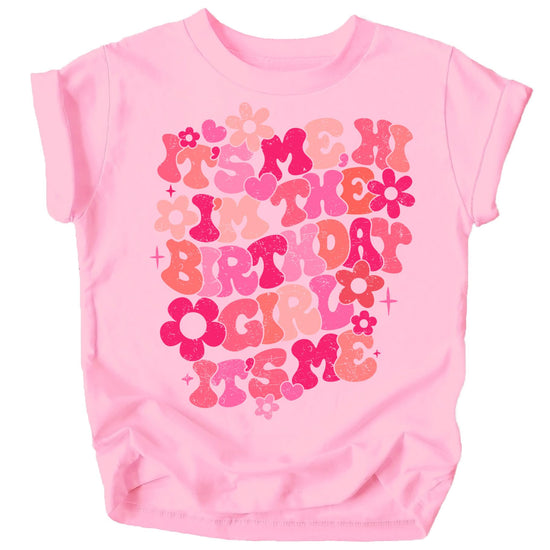 Little girl wearing peach It's My Birthday graphic shirt with floral design