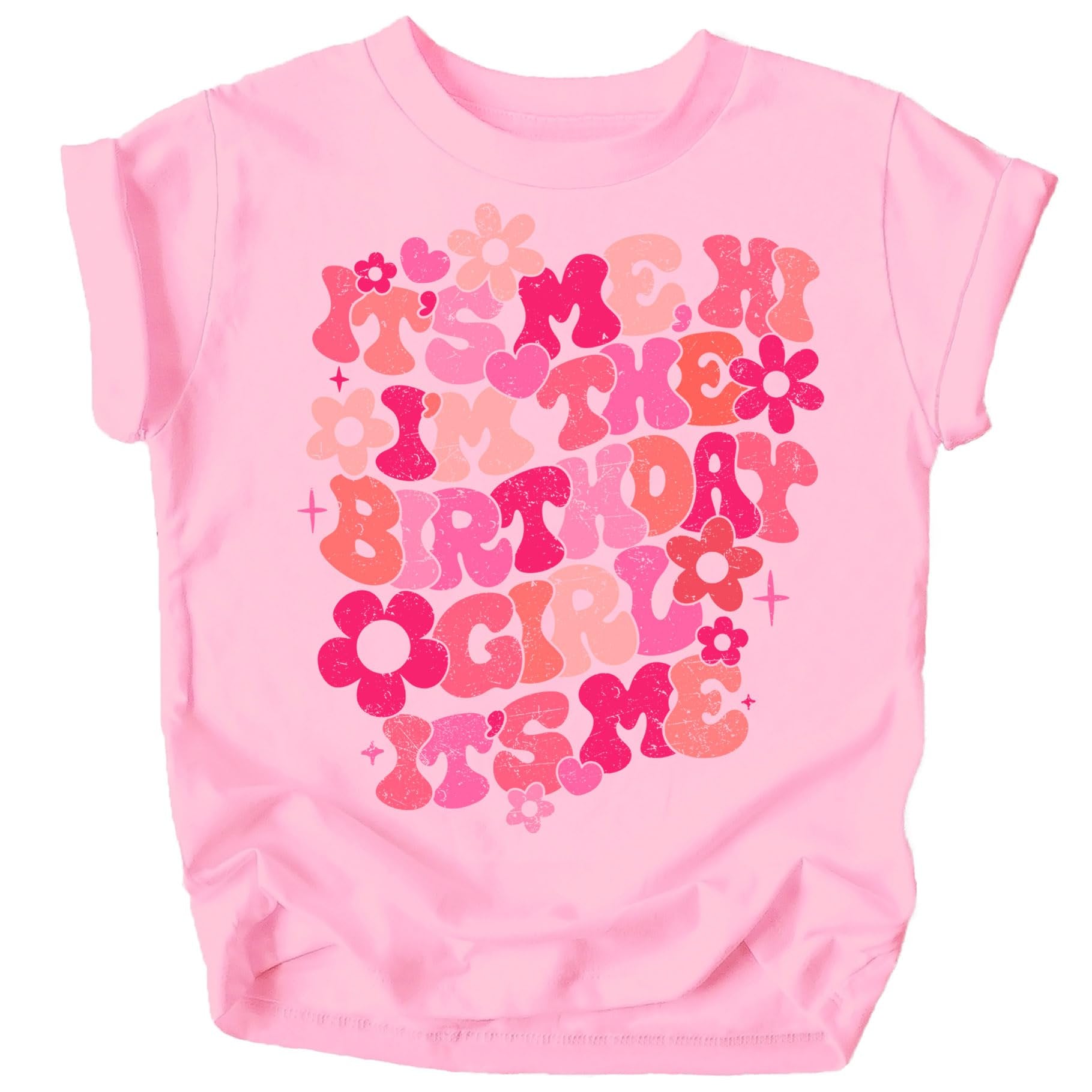 Little girl wearing peach It's My Birthday graphic shirt with floral design