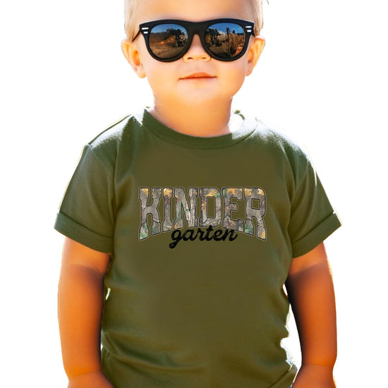 Child wearing camo Kindergarten back to school shirt in military green color