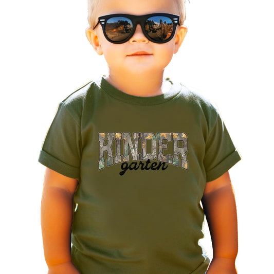 Child wearing camo Kindergarten back to school shirt in military green color