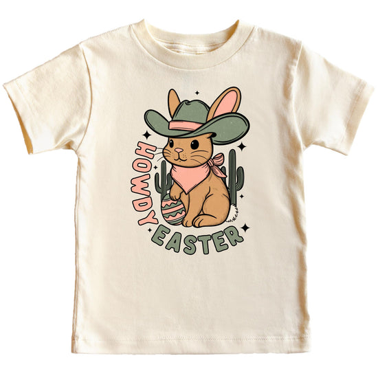 Girls' peach Howdy Easter western graphic tee featuring a desert bunny in a cowboy hat with cactus and Easter eggs